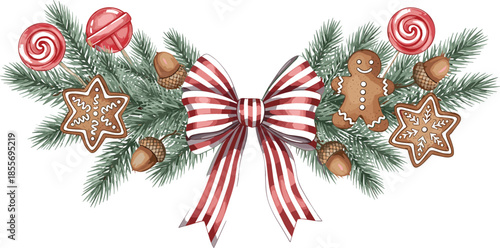 Christmas pine swag illustration with red striped bow gingerbread man star cookies lollipops and acorns festive holiday vector.