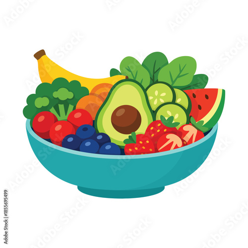 Colorful cartoon bowl overflowing with fresh fruits and vegetables: avocado, banana, broccoli, berries, watermelon, cucumber, apple, and more, in a blue bowl for healthy eating themes.