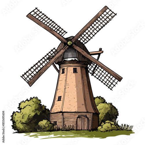 dutch tulip season, festival, windmill, vector, transparent background, wind, old, traditional, energy, wooden, ancient, holland, historic, rural, countryside, farm, architecture, landscape