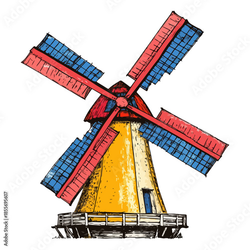 dutch tulip season, festival, windmill, vector, transparent background, wind, old, traditional, energy, wooden, ancient, holland, historic, rural, countryside, farm, architecture, landscape
