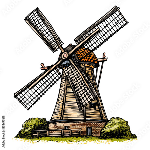 dutch tulip season, festival, windmill, vector, transparent background, wind, old, traditional, energy, wooden, ancient, holland, historic, rural, countryside, farm, architecture, landscape