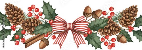 Rustic Christmas horizontal garland with red striped bow holly leaves pine cones red berries acorns and cinnamon sticks.