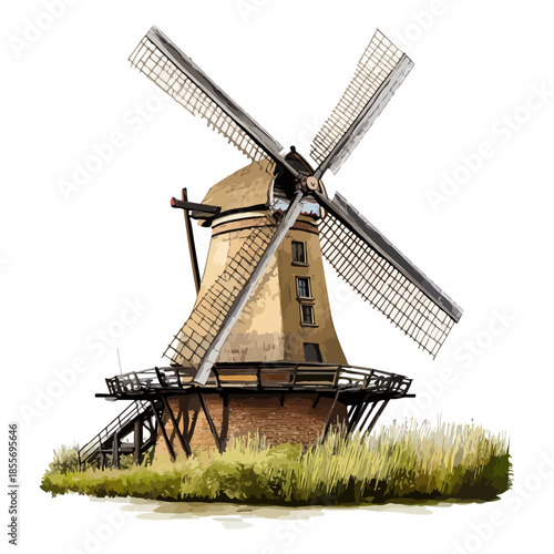 dutch tulip season, festival, windmill, vector, transparent background, wind, old, traditional, energy, wooden, ancient, holland, historic, rural, countryside, farm, architecture, landscape