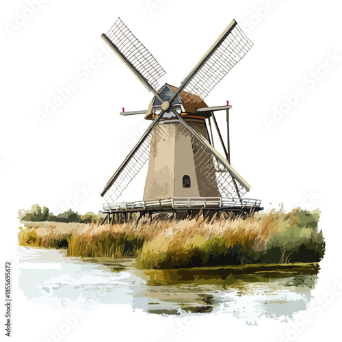 dutch tulip season, festival, windmill, vector, transparent background, wind, old, traditional, energy, wooden, ancient, holland, historic, rural, countryside, farm, architecture, landscape