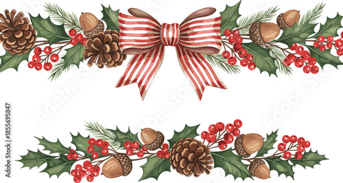 Set of two Christmas horizontal borders featuring red striped bow holly leaves pine cones berries and rustic acorns.