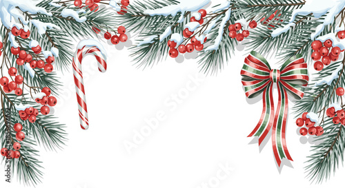 Snowy Christmas horizontal frame with pine branches red winter berries frosted candy cane and green striped ribbon bow.