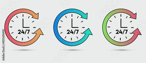 24/7 Customer Support Clock Icon Set with Circular Arrows.