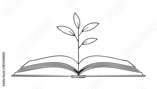 An open paper textbook with a green tree growing from its blank white pages represents isolated education and literature for school library reading and wisdom