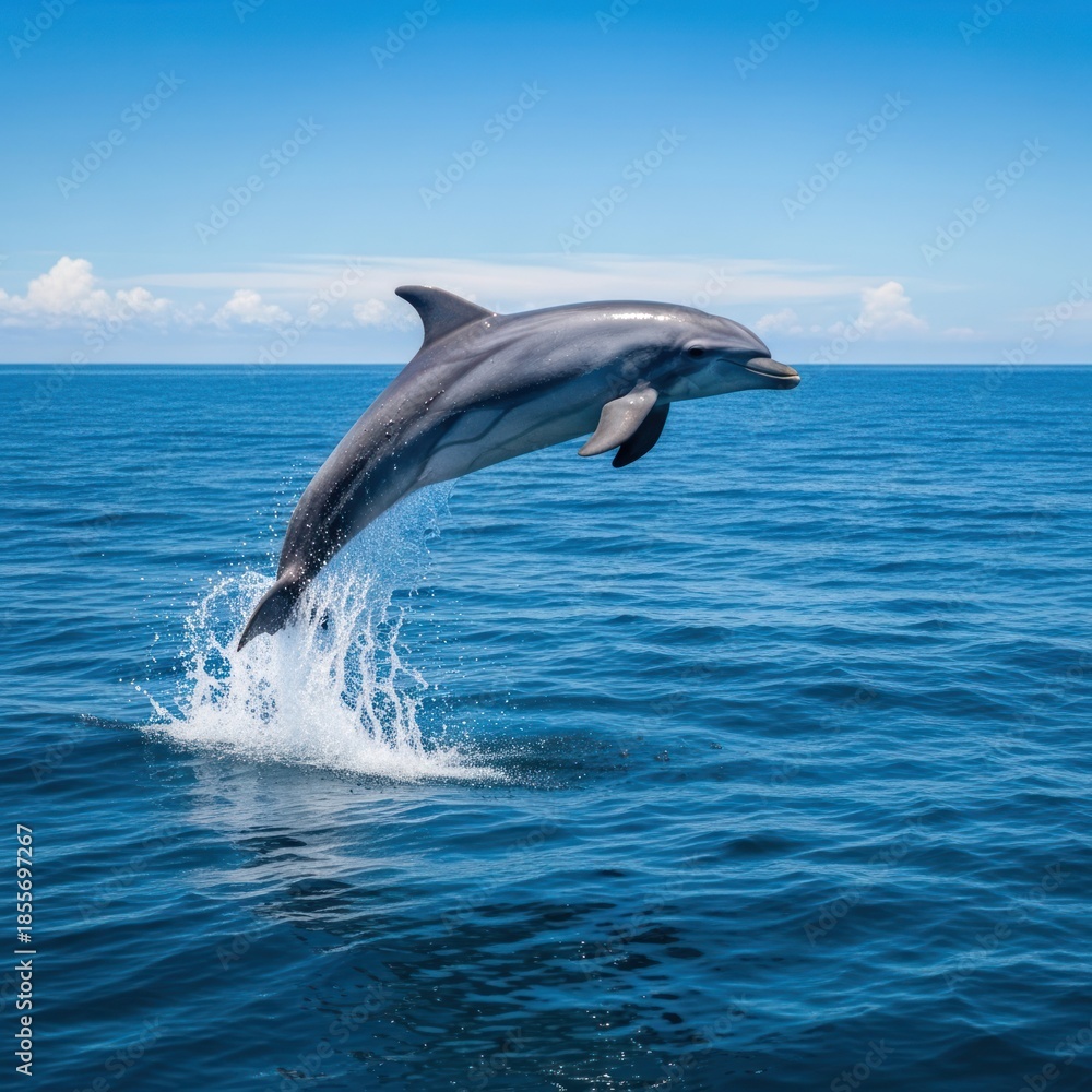 Fototapeta premium A dolphin leaps from blue ocean water under a clear sky. Its body is streamlined