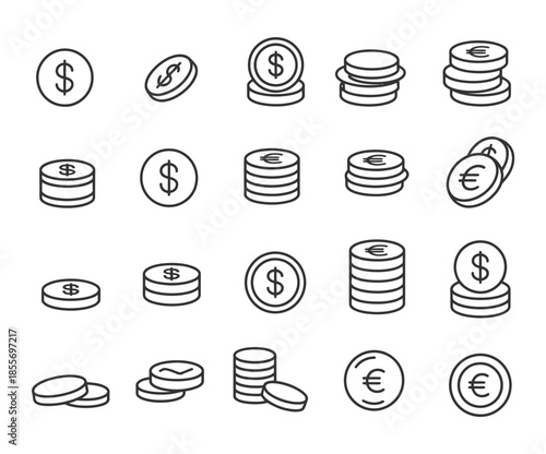 coin icon collection with thin strokes showing cents, dollars, and circular metal currency symbols perfect for banking websites, savings trackers, and e-commerce checkout pages.