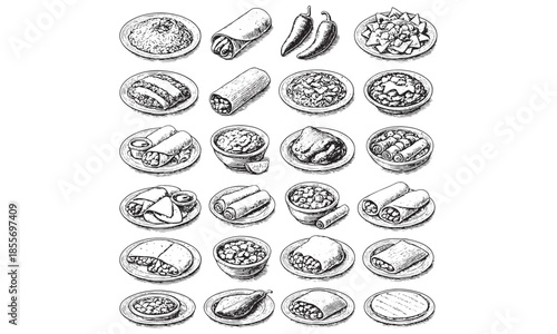 Vintage Sushi Rolls Burritos Wraps and Street Food Illustration Set