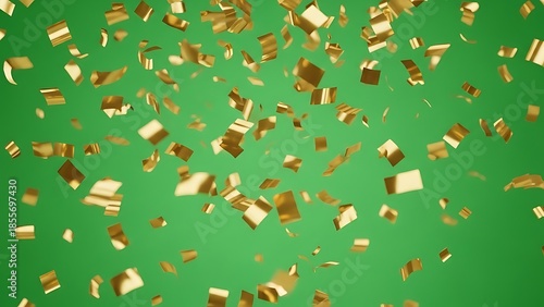 Golden confetti gracefully falling on a bright green canvas, capturing the essence of triumph, festive occasions, and joyous celebration, a symbol of prosperity and success