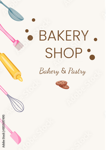 Bakery shop poster with baking tools and pastries on light background. Cute flat illustration banner for bakery branding, pastry menu, cafe advertising or food poster design.
