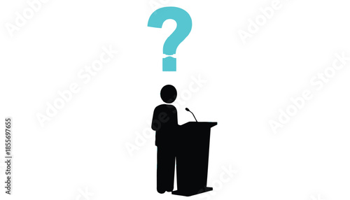 Silhouette Man Speaking at Podium with Question Mark