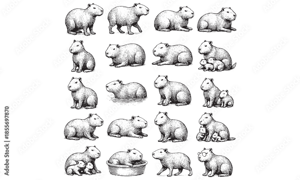 Obraz premium Vintage Guinea Pig and Hamster Illustration Set Cute Rodents Family