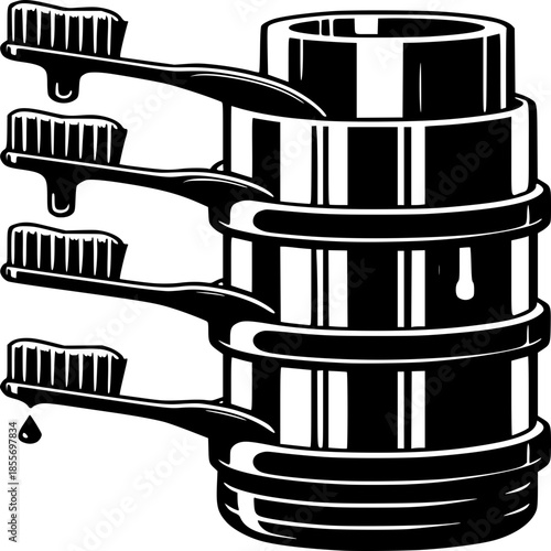 Overflowing Toothbrushes: The surreal illustration captures an artistic stack of gleaming silver pots, with a row of sleek toothbrushes cascading fluidly from the edges.