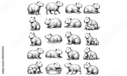 Vintage Guinea Pig and Hamster Illustration Set Cute Rodents Family