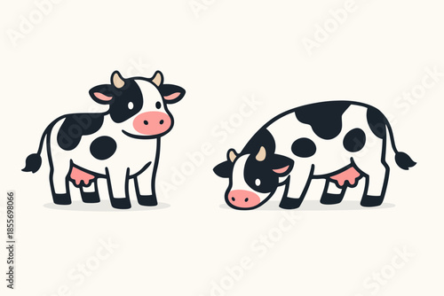 Two cartoon black and white dairy cows, one standing and one grazing, on a light brown background.