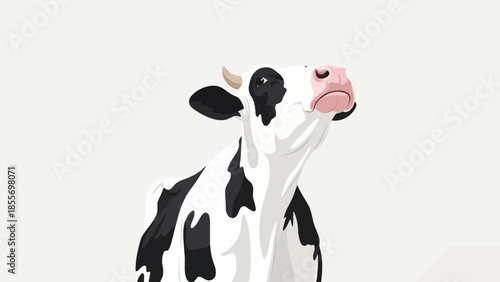 A close-up illustration of a black and white Holstein cow with a pink snout, looking upwards against a white background.