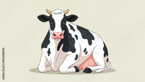 A black and white Holstein cow with horns is lying down on a light background, facing forward.