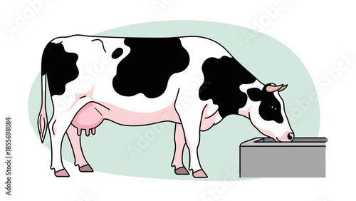 A black and white dairy cow with an udder is drinking water from a trough in a simple illustration.