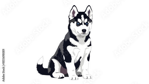 Cute cartoon husky puppy with big eyes sitting on a plain white background.