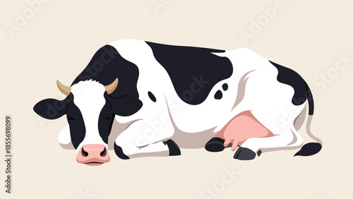 An illustration of a black and white dairy cow lying down and sleeping peacefully.