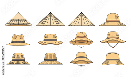 Farmers gardening hats vector set with Asian conical and straw summer hats isolated on white background