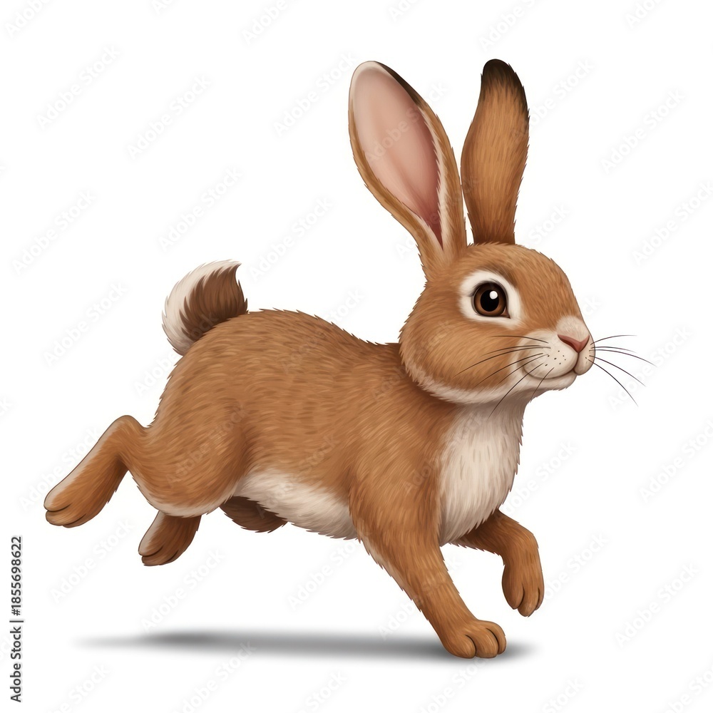 Obraz premium Digital illustration of a brown rabbit in motion, running with its ears up, isolated on white