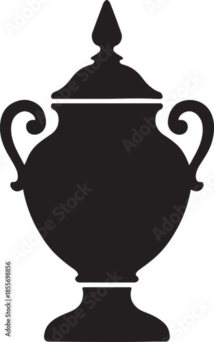 Black silhouette of a classical urn with handles and a lid on a white background