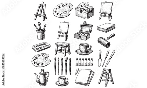Vintage Art Studio Supplies and Painting Tools Illustration Set
