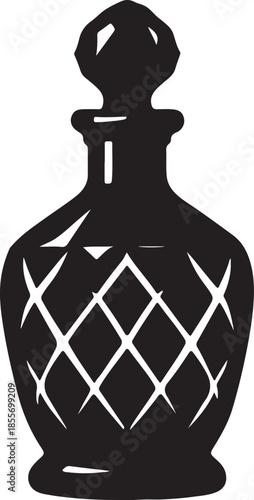 Black silhouette of a vintage decanter with a diamond pattern bottle white background