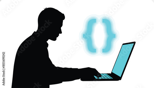 Silhouette Man Coding on Laptop with Blue Bracket Symbol