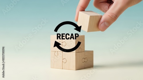 Hand placing wooden block on stairs structure with recap circular arrows symbol for summary or review concept