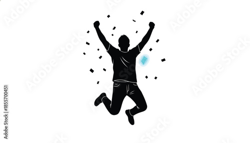 Man Jumping with Arms Raised in Celebration on White Background with Black Particles