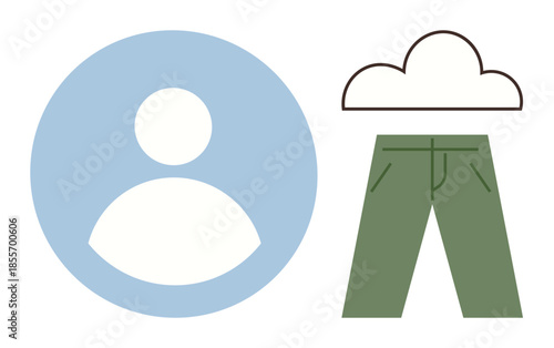 User avatar in blue circle, casual green pants, and cloud shape. Ideal for identity, user management, personalization, individuality, technology creativity and simplicity. Minimalist flat metaphor