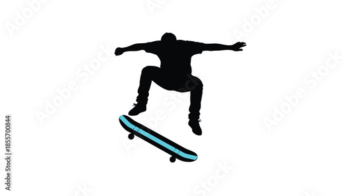 Skateboarder Performing Trick on Blue Skateboard in Air