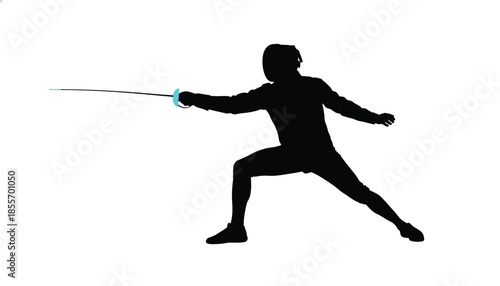 Fencer Holding Sword in Black Silhouette on White Background