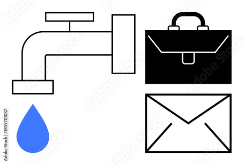 Water management, environmental awareness, infrastructure, business challenges, utilities, communication. Minimalist faucet with drop, briefcase and envelope graphics. Water management and business
