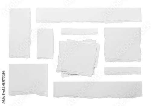 Collection of torn white paper scraps isolated on transparent background