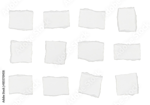 Collection of torn white paper pieces isolated on transparent background