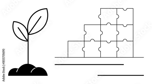 Growth concept. Growth by a sprouting plant and puzzle pieces structure and progress. Growth for sustainability, teamwork, education, innovation, and eco-friendly initiatives
