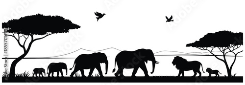 savannen panorama als schwarze silhouette mit akazienbäumen, wildtieren und einer weiten horizontlinie für afrika reise flyer, umwelt konzepte und kreative grafik design projekte.