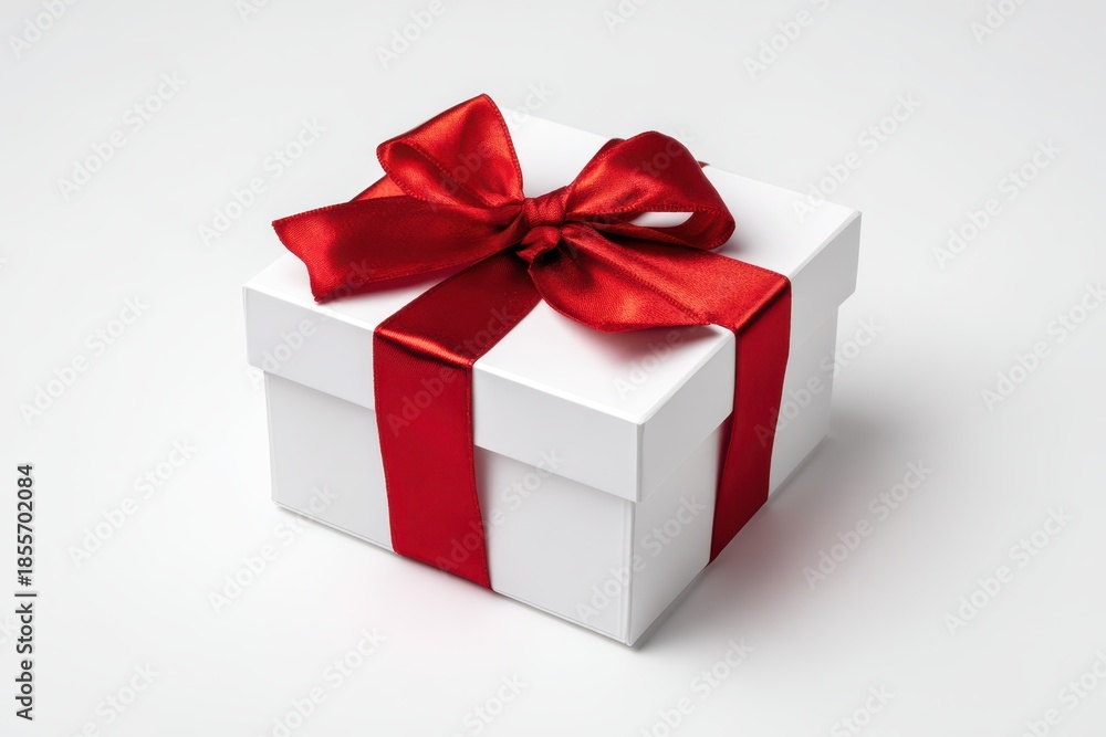 Obraz premium White gift box with red satin bow on a clean white background, lid slightly open for festive holiday presentation