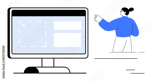 Web design, user interface, digital workspace, software development, collaborative tools, technology. A person interacts with a monitor showing a software layout. Web design and user interface