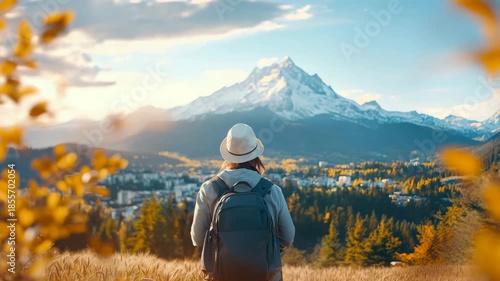 Hiker with Backpack Gazing Toward Majestic Snow-Capped Mountain Range Above Autumnal Town Valley