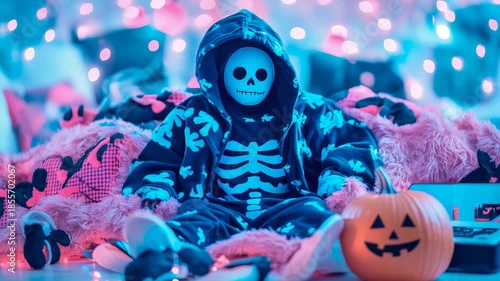 Child in Skeleton Hoodie Sitting with Jack-o-lantern Amidst Neon Pink and Blue Soft Lighting and Fuzzy Prop