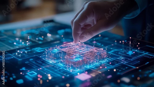 Human Hand Interacting with Glowing Holographic Wireframe Data Structure on Futuristic Digital Interface