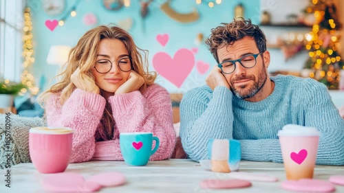 Young happy couple wearing cozy knit sweaters relaxing at wooden table with hot beverage mugs, surrounded by sweet loving hearts decoration in cheerful pastel room.