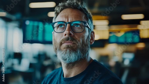 Thoughtful Middle-Aged Man with Beard and Glasses Looking Upward in Office with Blurred Digital Screen Glow